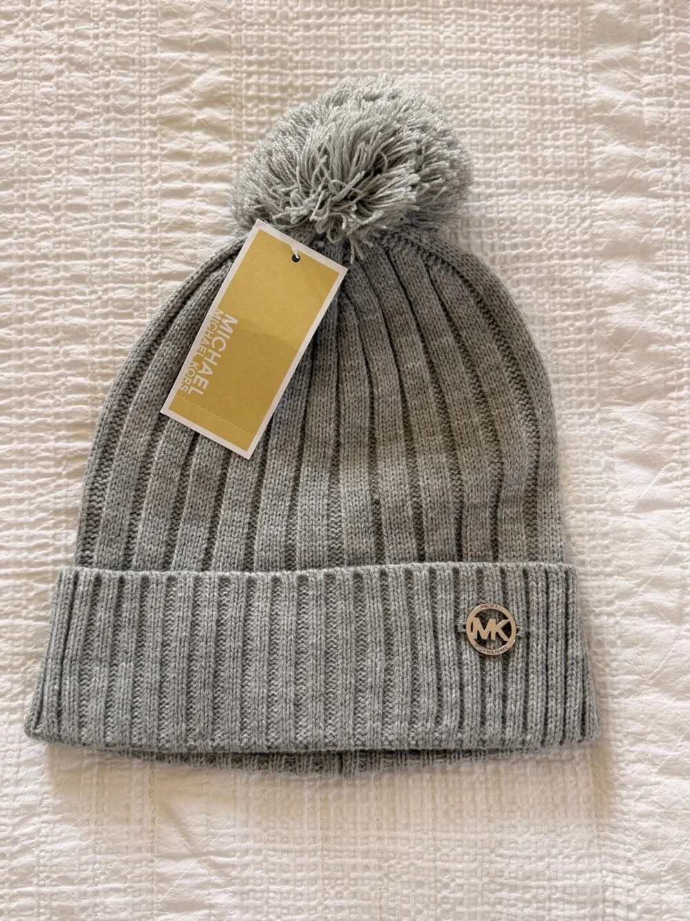 Michael Kors Light Gray Ribbed Pom Beanie